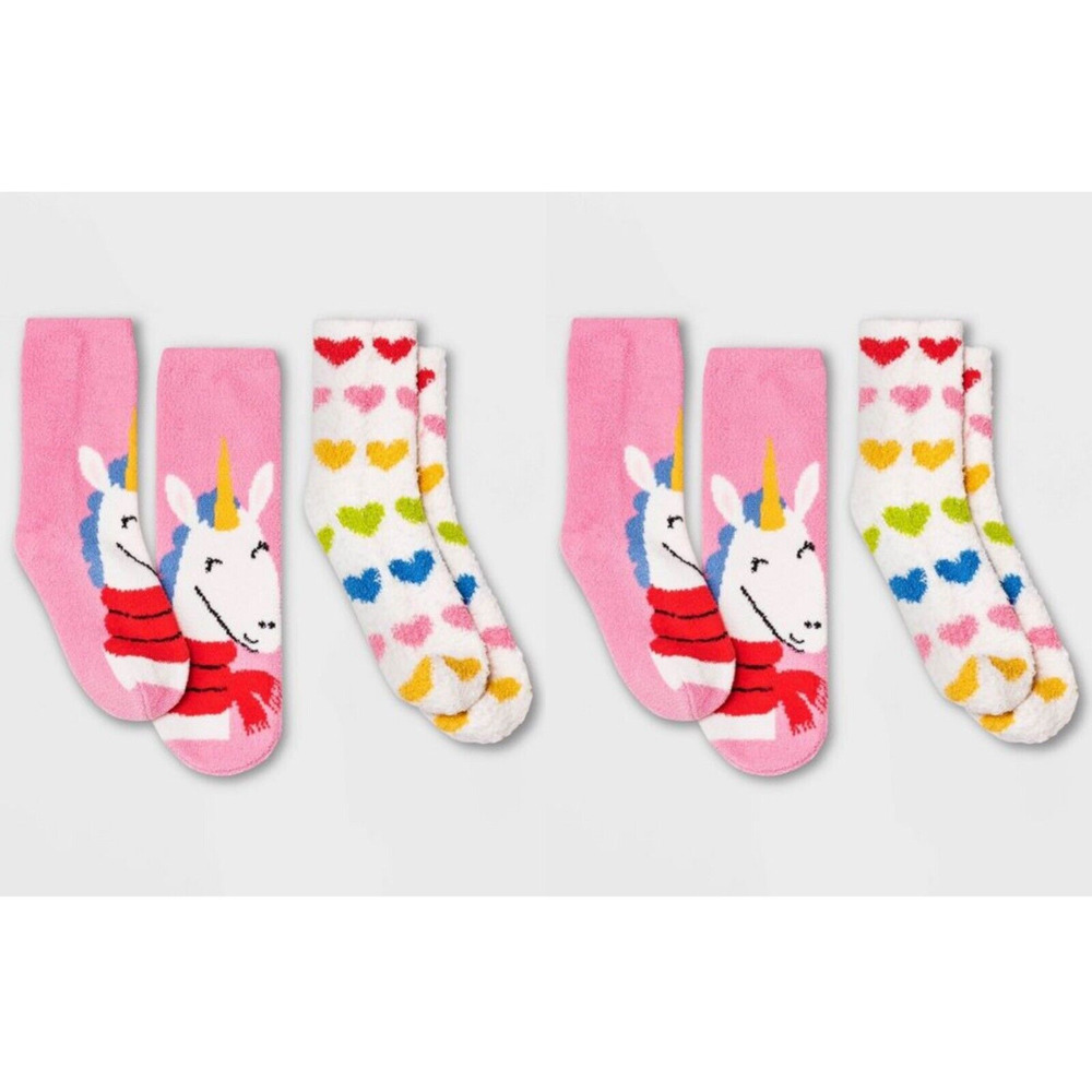 Girl's XS/S (11-1) Unicorn Hearts Cozy Crew Socks Pink (4 Pairs Total) NEW